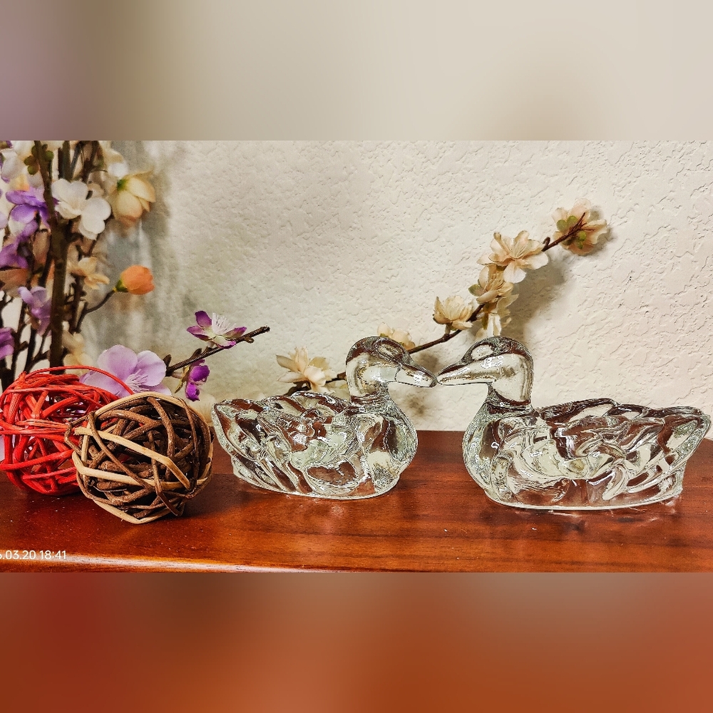 Vintage Clear Crystal Glass Duck Figurines Mallard Duck Decoys Paperweight Decor